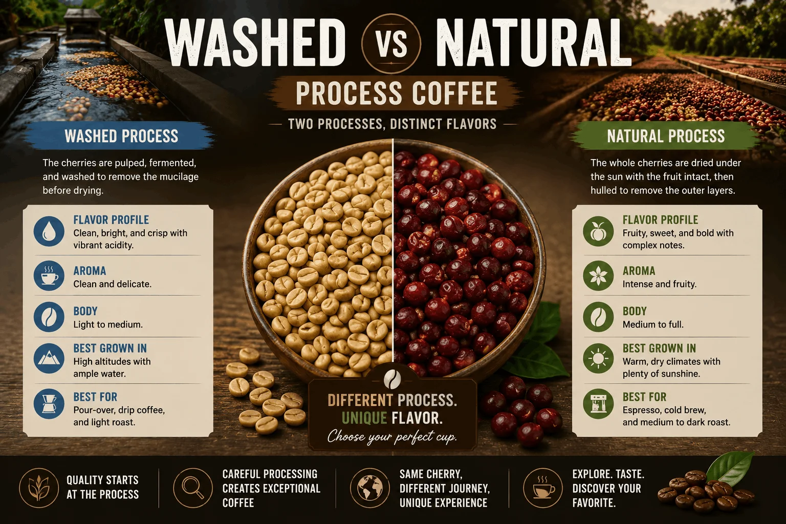 Comparison of washed and natural process coffee showing differences in flavor, aroma, body, and brewing methods