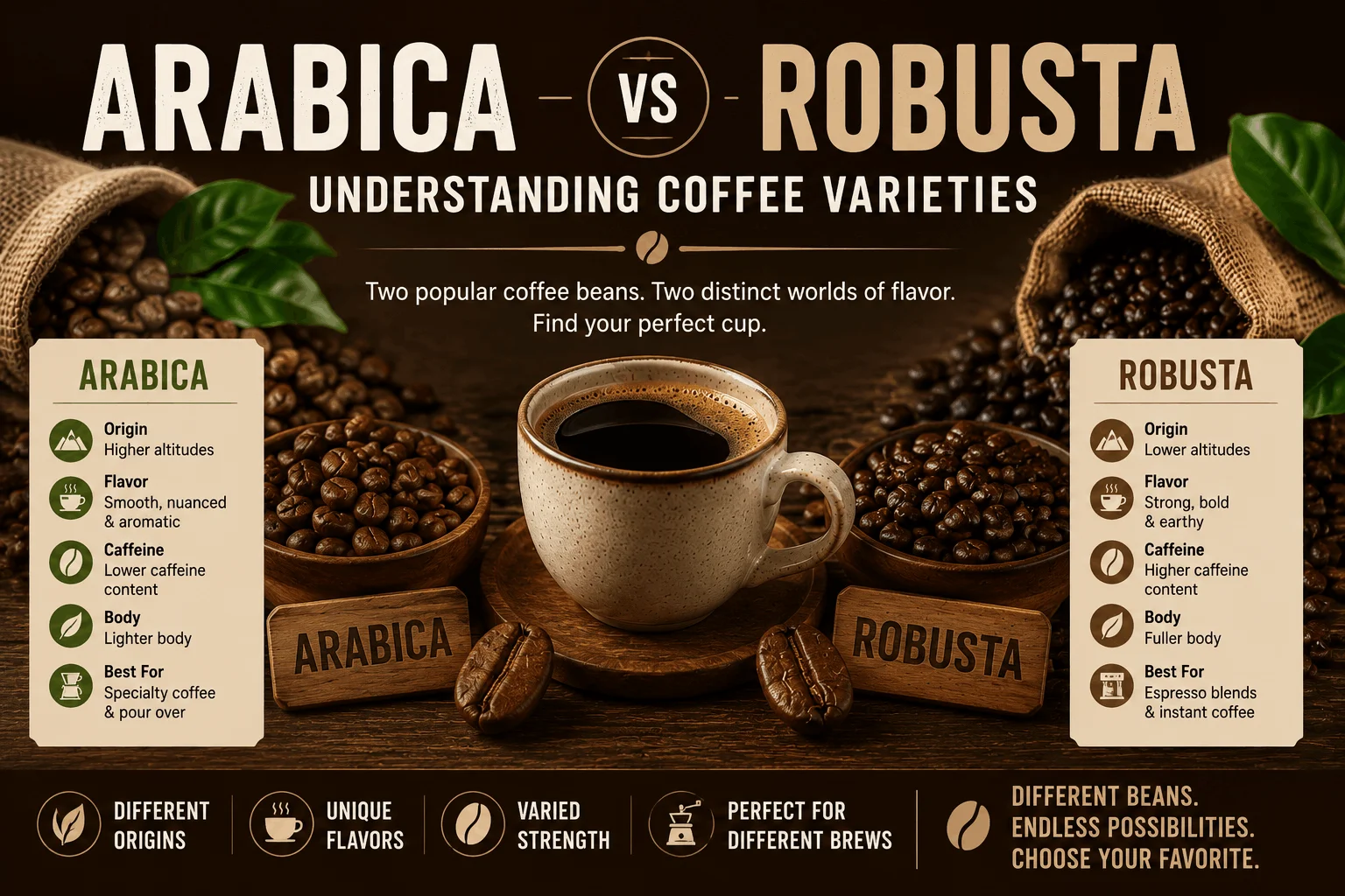 Comparison of Arabica and Robusta coffee beans showing differences in flavor, caffeine content, origin, and brewing uses