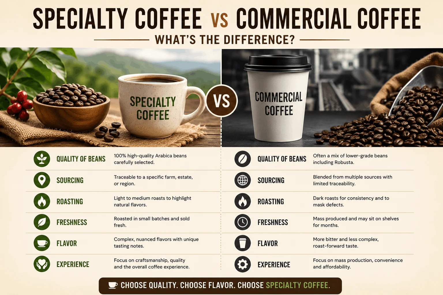 Infographic comparing specialty coffee and commercial coffee based on bean quality, sourcing, roasting, freshness, flavor, and overall coffee experience