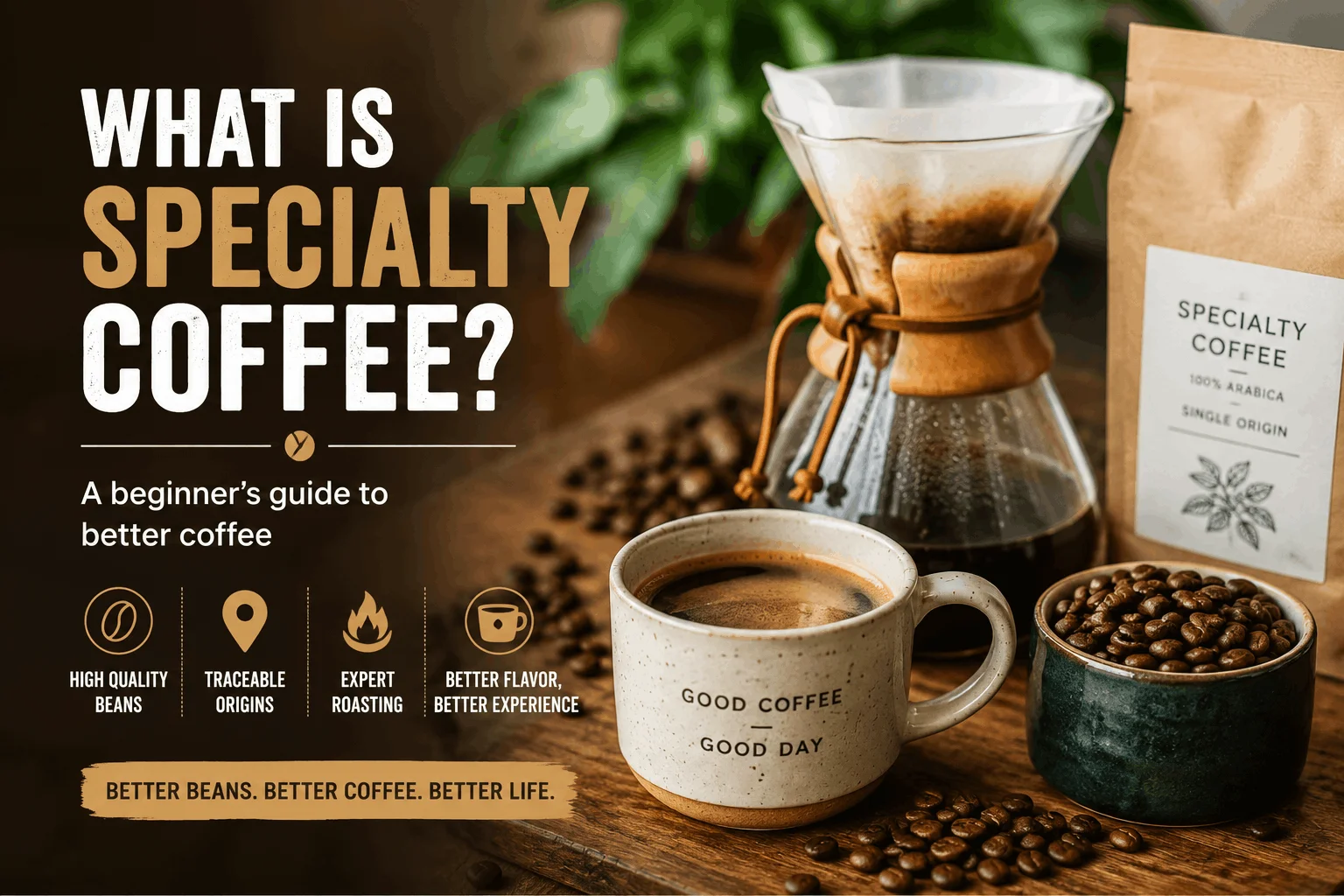 Pour-over specialty coffee with freshly roasted coffee beans and brewing equipment