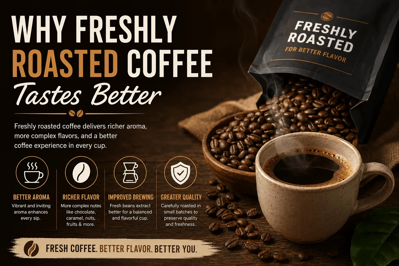 Freshly roasted coffee beans with a hot cup of coffee showcasing aroma, flavor, freshness, and coffee quality